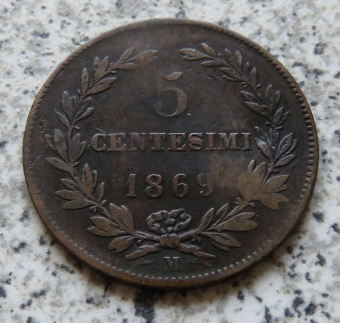  San Marino 5 Centesimi 1869 M, Belegstück,verbeult   