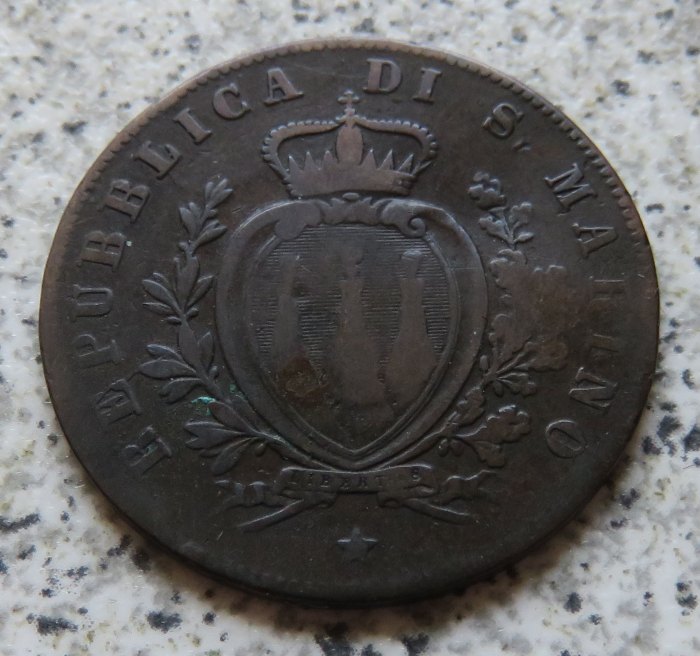  San Marino 5 Centesimi 1869 M, Belegstück,verbeult   