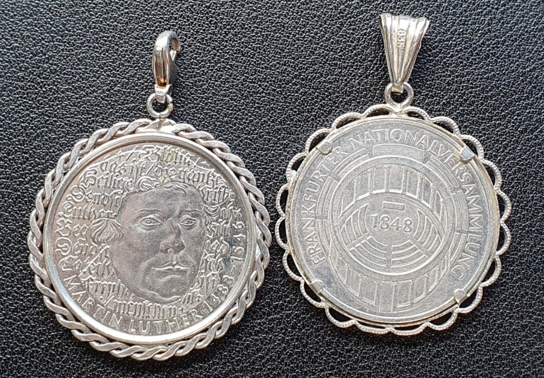  BRD 2 x 5 Mark gefasst als Münzanhänger 1 Münze Silber mit 835er Fassung gepunzt   