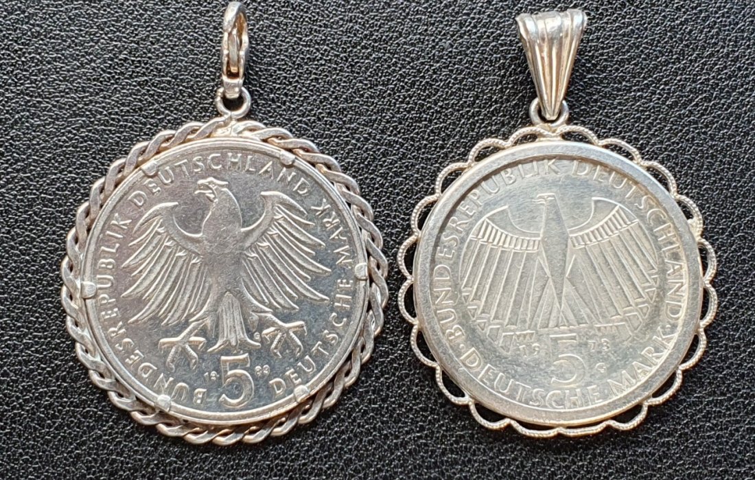  BRD 2 x 5 Mark gefasst als Münzanhänger 1 Münze Silber mit 835er Fassung gepunzt   