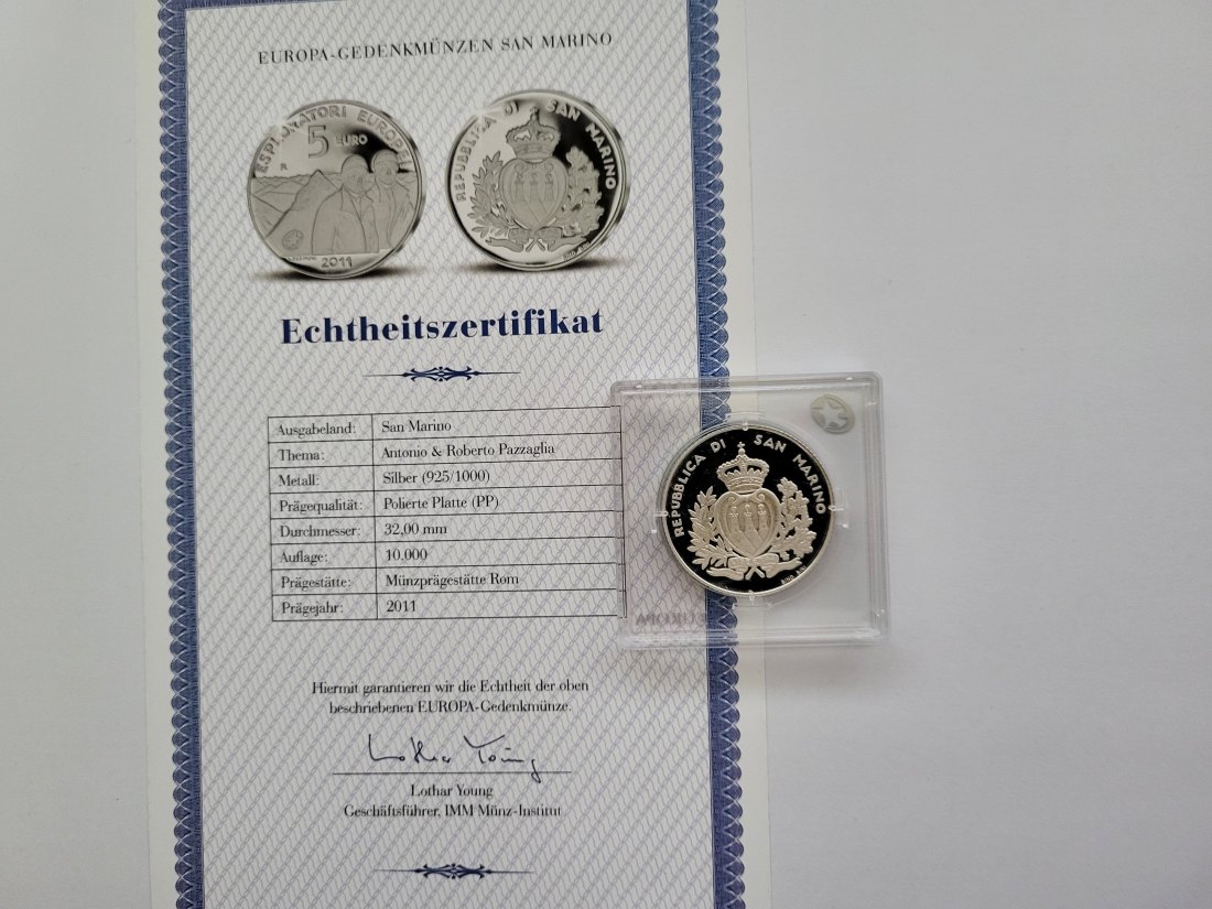  5 Euro 2011 Antonio & Roberto Pazzaglia Silbermünze 925/18g San Marino Spittalgold9800 (3469)   