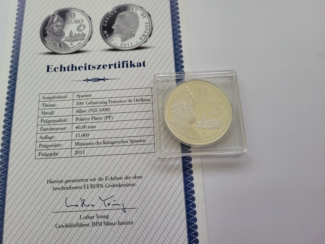  10 Euro 2011 Francisco de Orellana Juan Carlos Silbermünze 925/27g Spanien Spittalgold9800 (3469)   