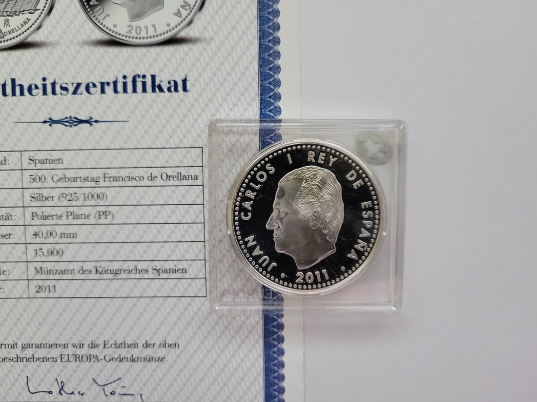  10 Euro 2011 Francisco de Orellana Juan Carlos Silbermünze 925/27g Spanien Spittalgold9800 (3469)   