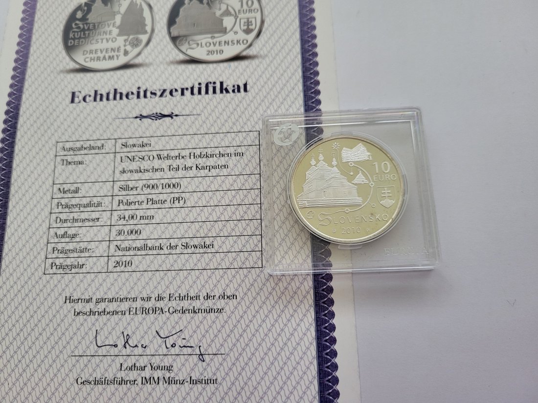  10 Euro 2010 Unesco Holzkirchen Silbermünze 900/18,2g Slowakei Spittalgold9800 (3469)   