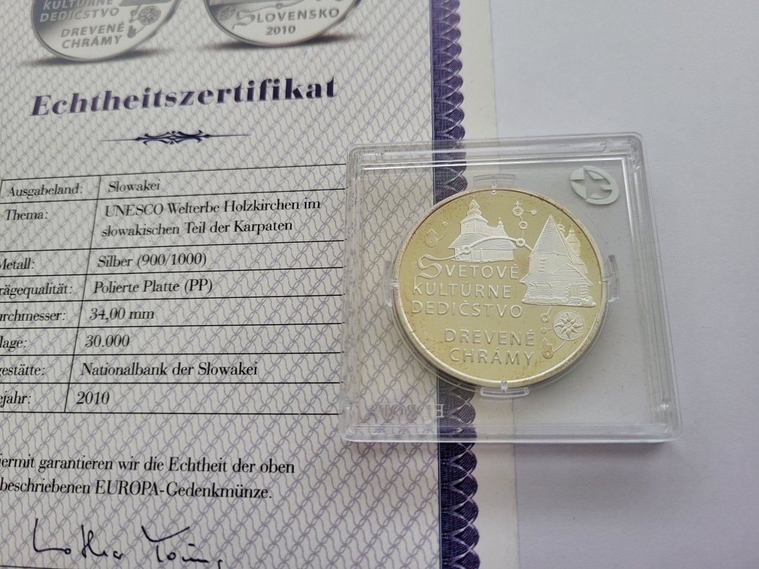  10 Euro 2010 Unesco Holzkirchen Silbermünze 900/18,2g Slowakei Spittalgold9800 (3469)   