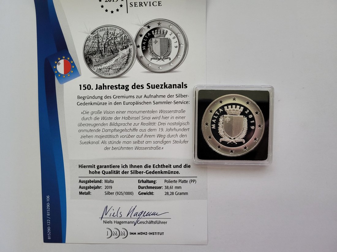  10 Euro 2019 Suezkanal Silbermünze 925/28,28g Malta Spittalgold9800 (3469)   