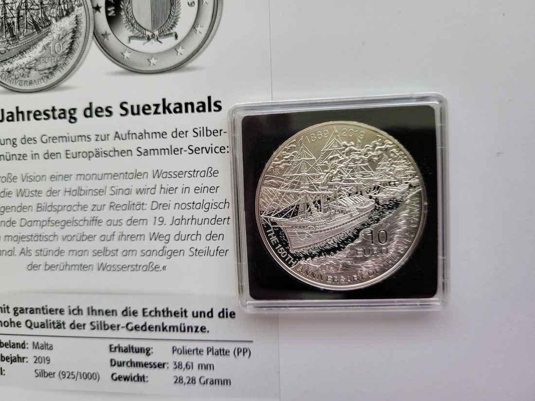  10 Euro 2019 Suezkanal Silbermünze 925/28,28g Malta Spittalgold9800 (3469)   
