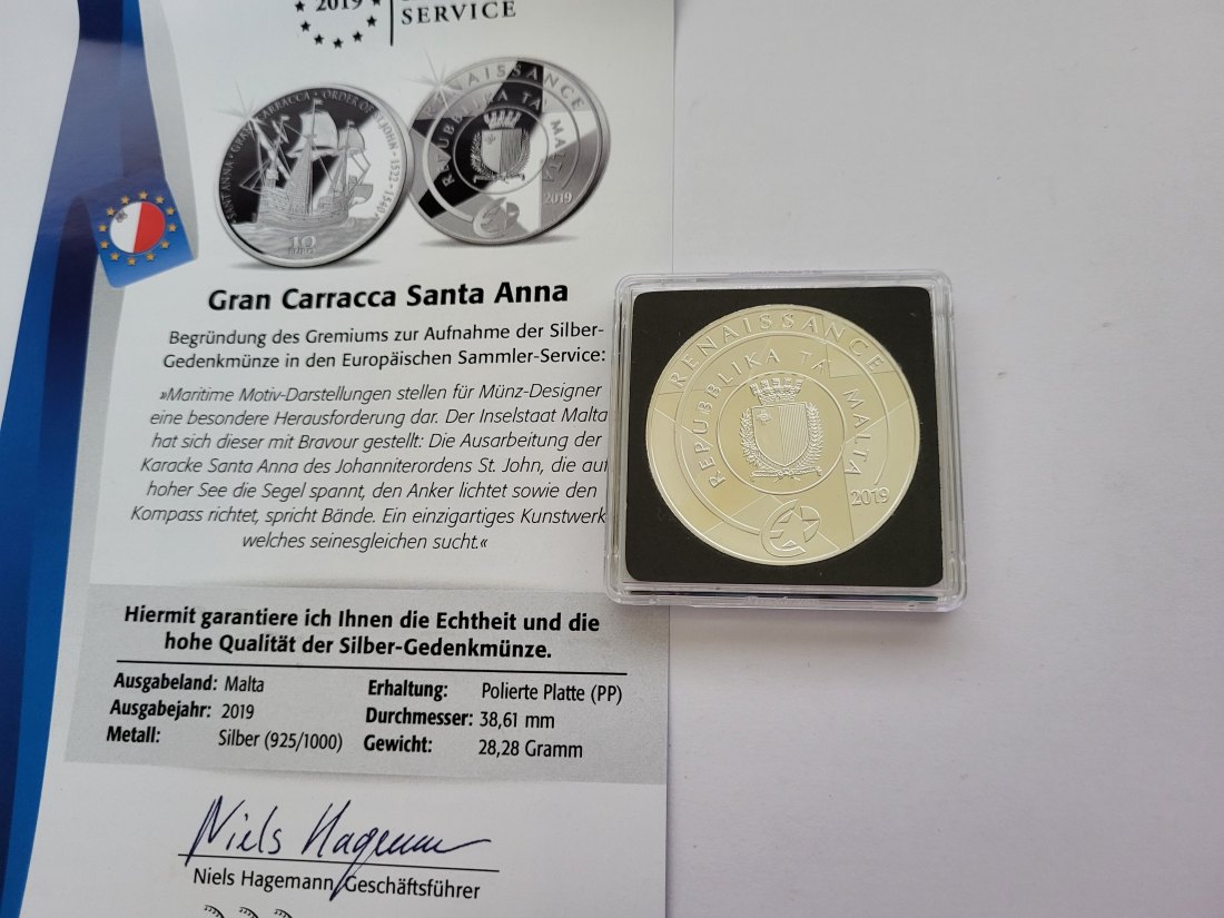  10 Euro 2019 Gran Carracca Santa Anna Silbermünze 925/28,28g Malta Spittalgold9800 (3469)   
