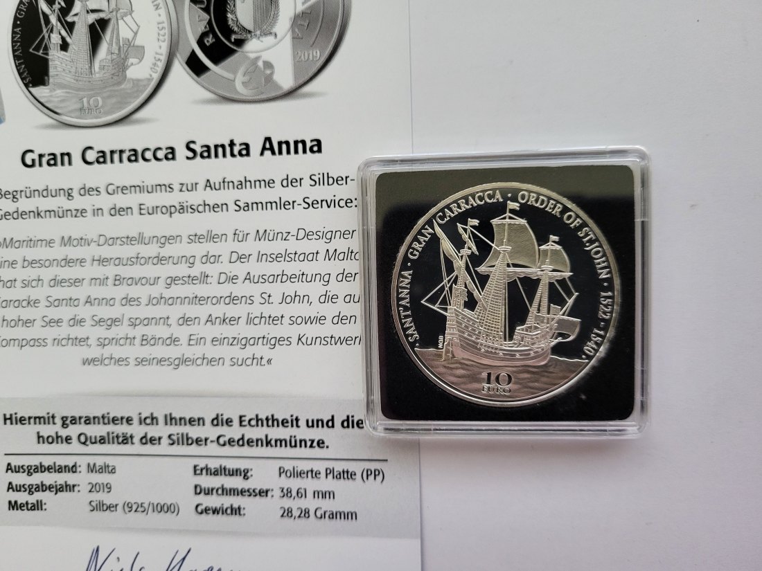  10 Euro 2019 Gran Carracca Santa Anna Silbermünze 925/28,28g Malta Spittalgold9800 (3469)   