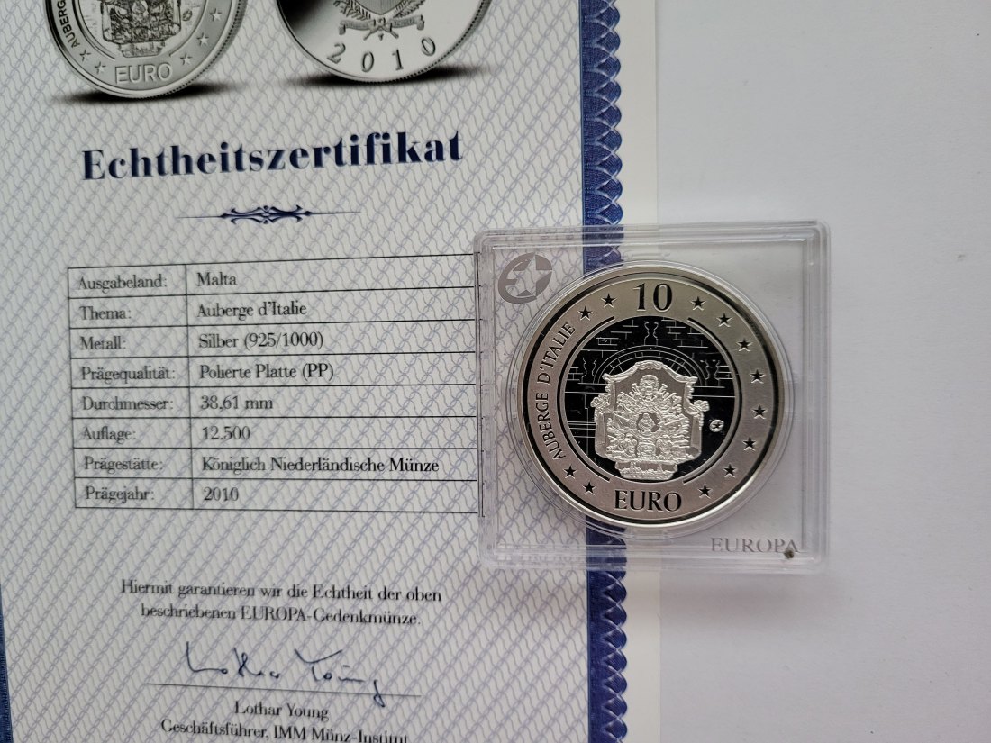  10 Euro 2010 Auberge d´Italie Silbermünze 925/28,2g Malta Spittalgold9800 (3469)   