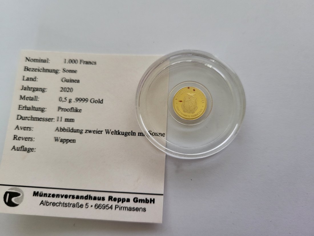  1000 Francs 2020 Sonne Unified Nation Goldmünze 0,5g 9999 Guinea Spittalgold9800 (5525   