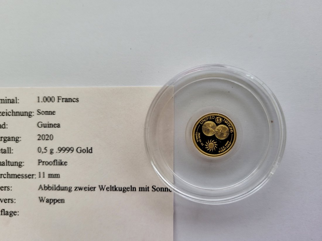  1000 Francs 2020 Sonne Unified Nation Goldmünze 0,5g 9999 Guinea Spittalgold9800 (5525   