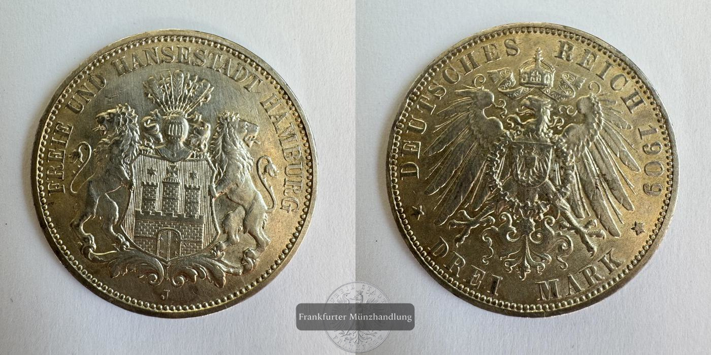  Dt. Kaiserreich / Hamburg, 3 Mark 1909 J FM-Frankfurt KM#620 Feinsilber: 15g   