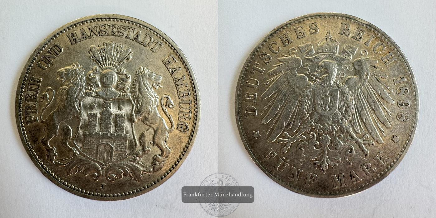  Dt. Kaiserreich / Hamburg 5 Mark 1898 FM-Frankfurt KM#610 Feinsilber: 24,993g   