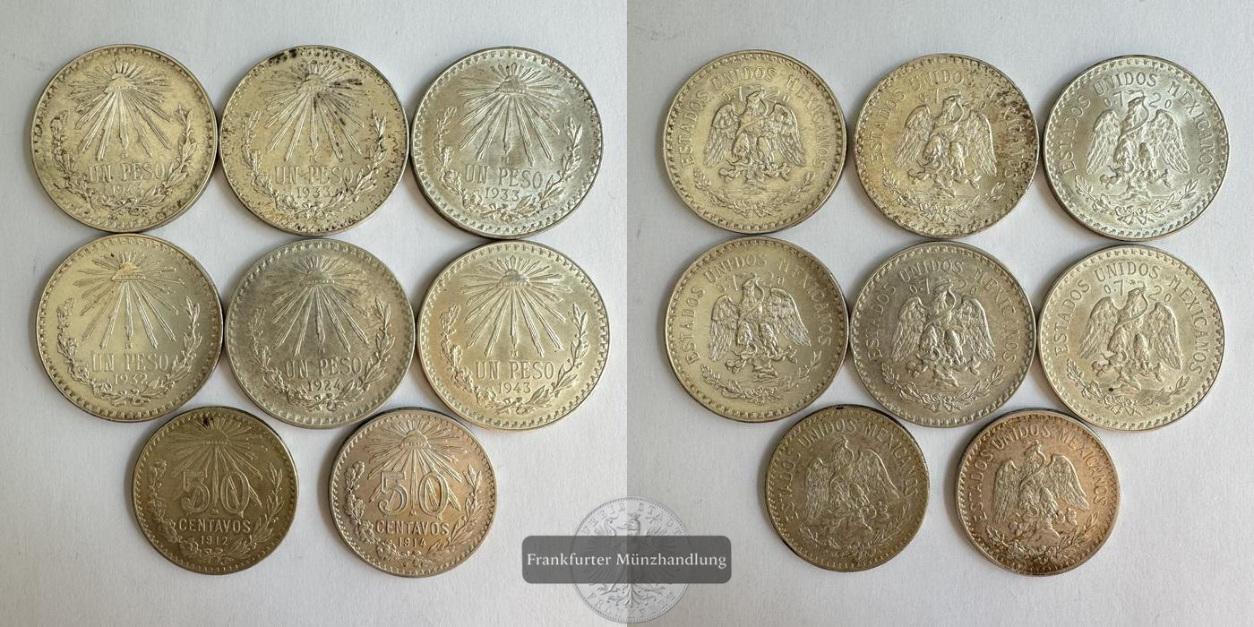  Lot: Mexiko / 6x 1 Peso 1924-1943 & 2x 50 Centavos 1912/'14 FM-Frankfurt Feinsilber: 91,7g   