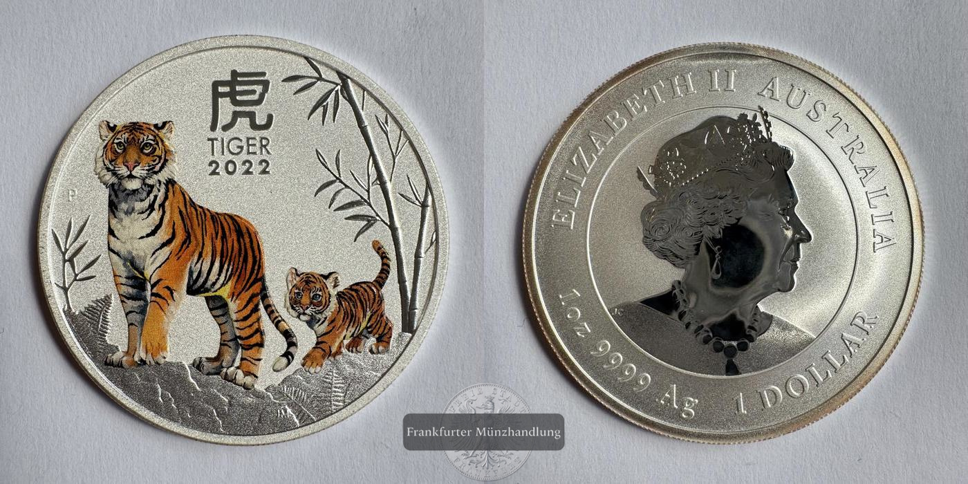  Australien / 1 Dollar (Year of the Tiger; Coloured) 2022 FM-Frankfurt KM#4362 Feinsilber: 31,1g   