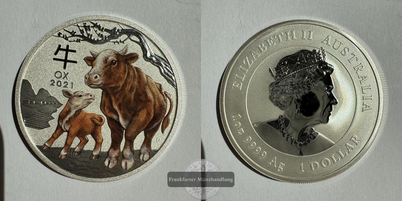  Australien / 1 Dollar 2021 Jahr des Ochsen/Ox (Coloured) FM-Frankfurt KM#4145.1 Feinsilber: 31,1g   