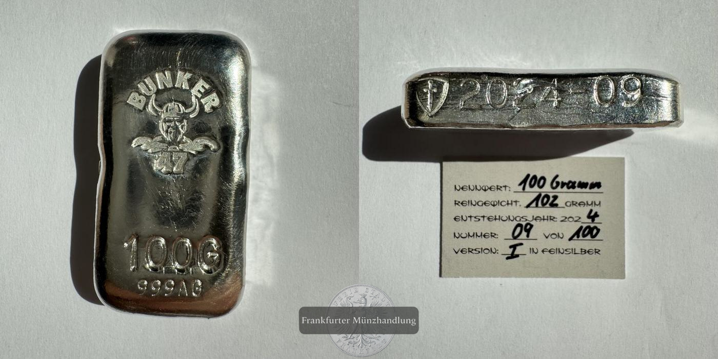  Deutschland / Bunker 47 100g Silberbarren 2024 FM-Frankfurt Feinsilber: 102g   