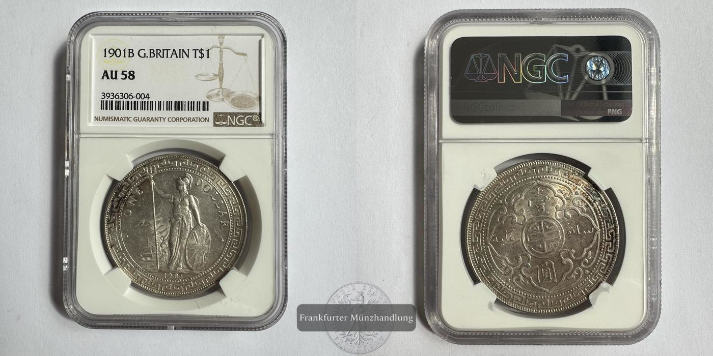  G.Britain / 1 Dollar 1901 Britischer Trade Dollar AU 58 NGC Graded FM-Frankfurt Feinsilber: 24,26g   