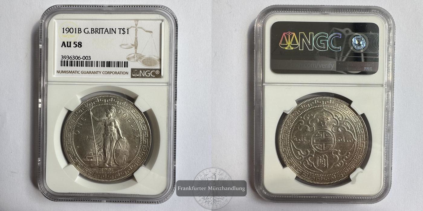  G.Britain / 1 Dollar 1901 Britischer Trade Dollar AU 58 NGC Graded FM-Frankfurt Feinsilber: 24,26g   
