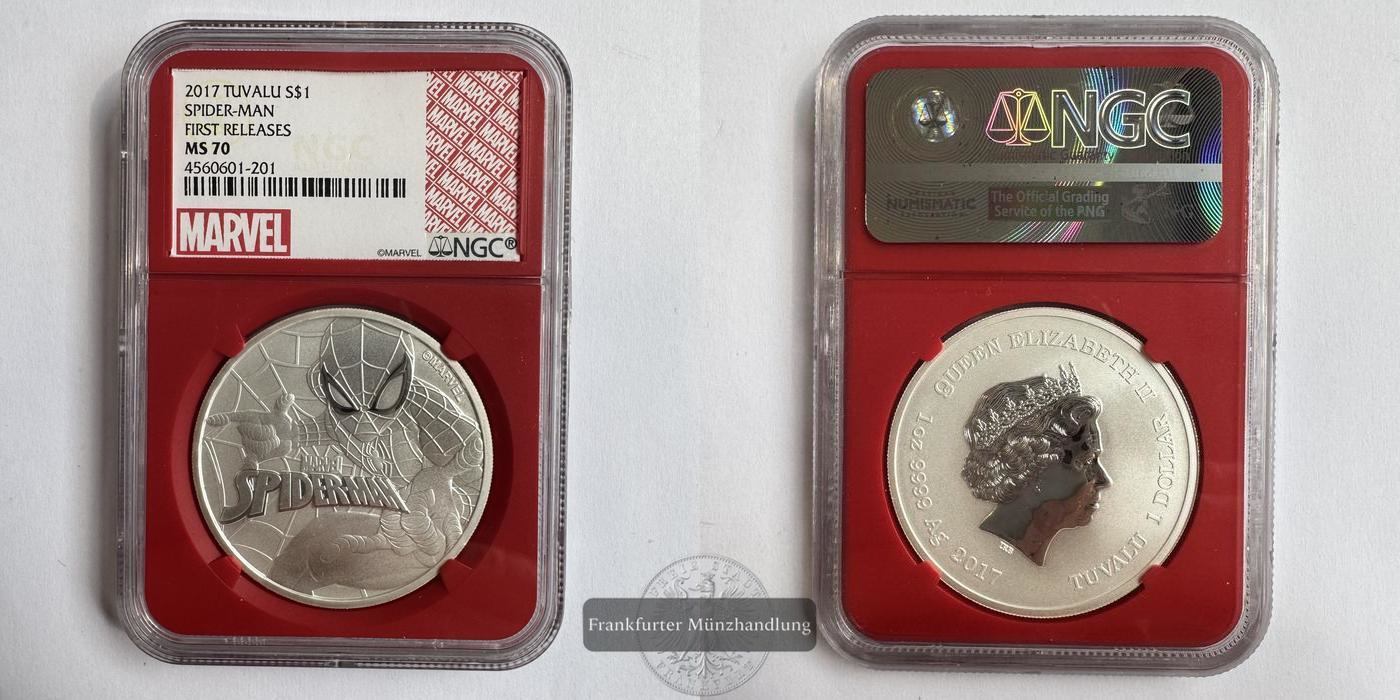  Tuvalu / 1 Dollar (Spider-man) 2017 MS 70 NGC Graded FM-Frankfurt KM#380 Feinsilber: 31,1g   