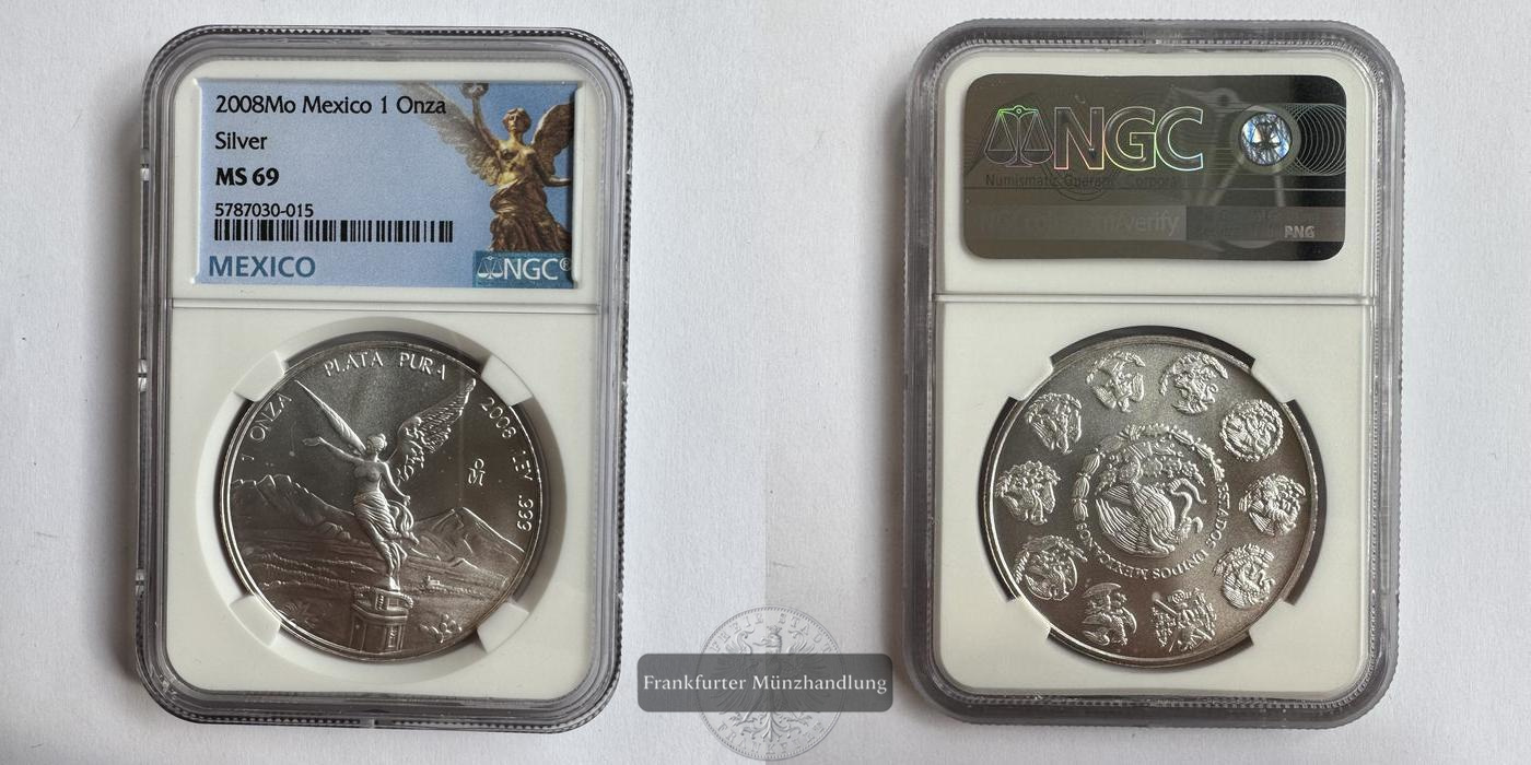  Mexico / 1 Onza Libertad Plata Pura 2008 NGC Graded MS 69 FM-Frankfurt KM#639 Feinsilber: 31,1g   