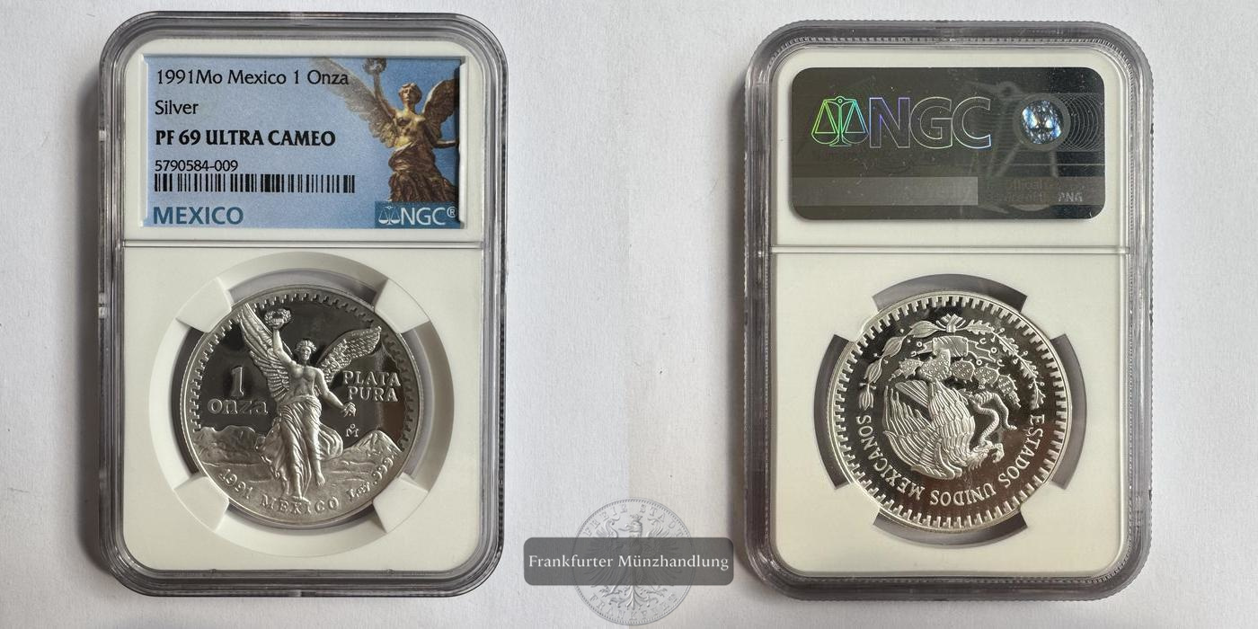  Mexico / 1 Onza Libertad Plata Pura 1991 PF 69 NGC Graded FM-Frankfurt KM#494 Feinsilber: 31,06g   