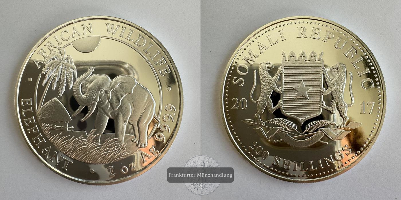  Somalia 200 Schilling 2017 African Wildlife Elephant 2 Unzen Proof FM-Frankfurt Feinsilber: 62g   