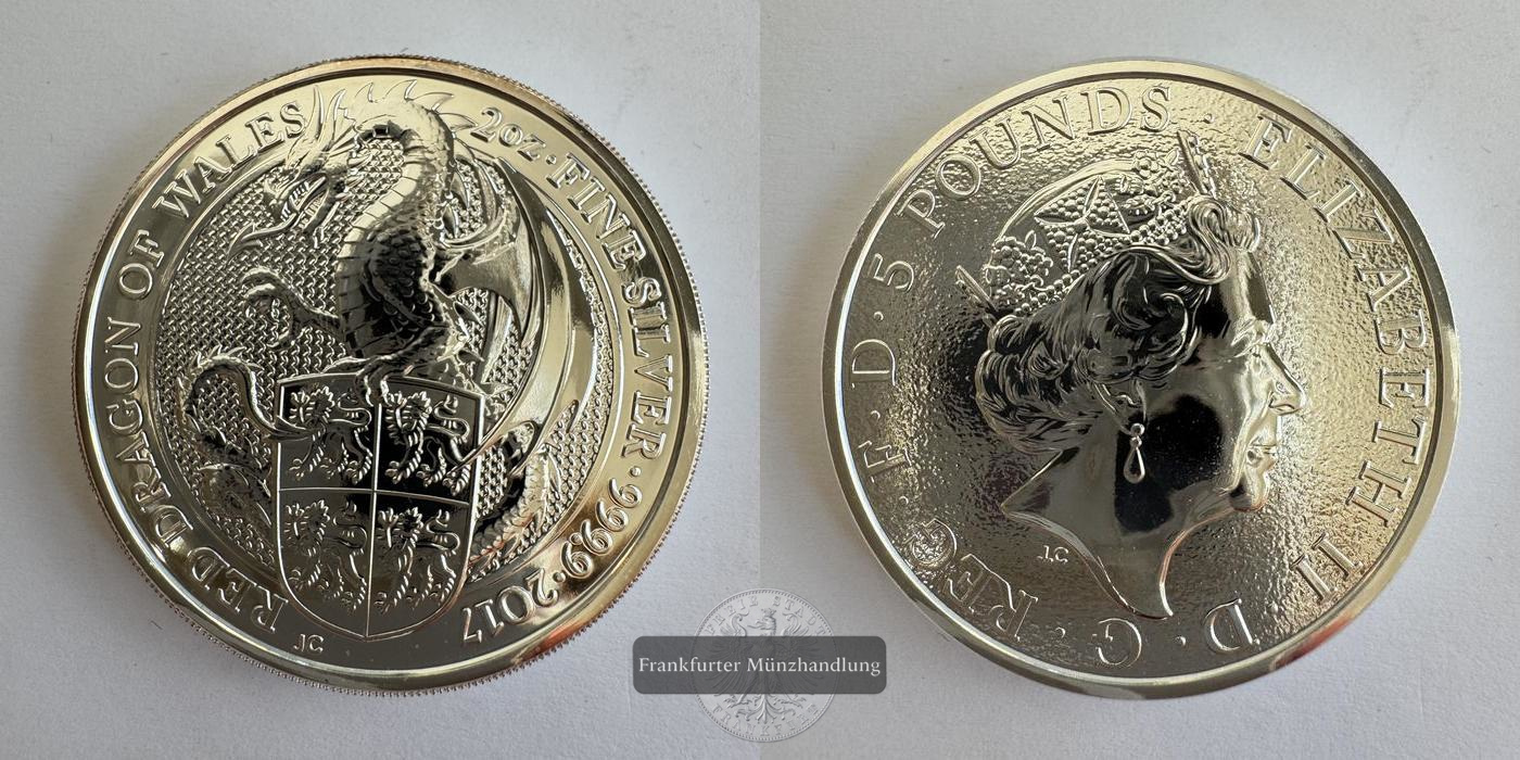  Großbritannien 5 Pounds 2017 (Red Dragon of Wales) FM-Frankfurt KM#1459 Feinsilber: 62,4g   
