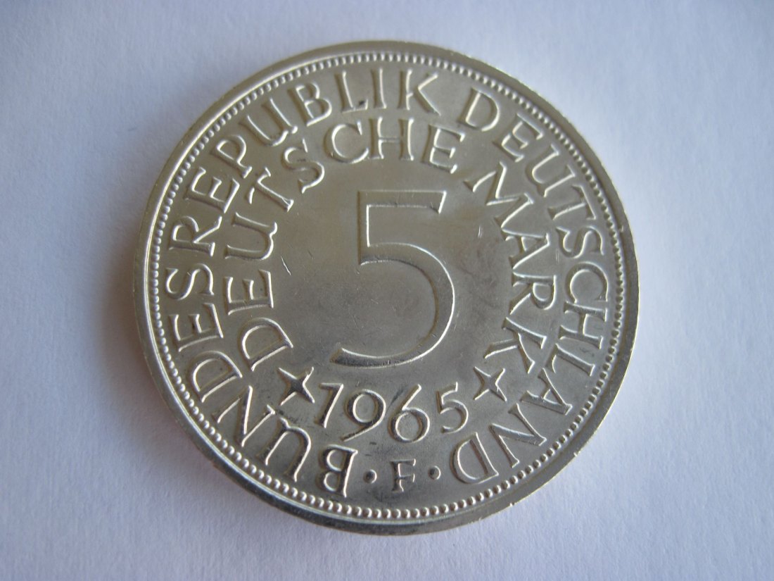  Deutschland 5 DM 1965 F Silberadler, Erhaltung vz +, 625er Silber   