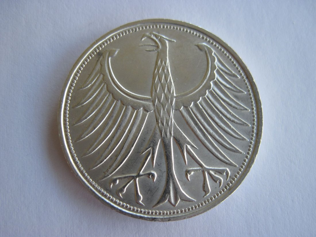  Deutschland 5 DM 1965 F Silberadler, Erhaltung vz +, 625er Silber   