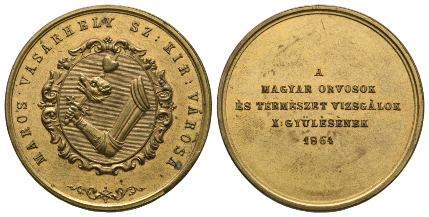  Vergold. Bronzemedaille 1864; 10. Versammlung der ung. Ärzte und Naturforscher; 28,80 g; Ø 42,06 mm   