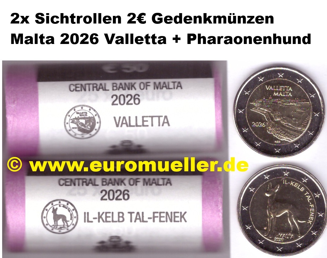 Malta 2 Rollen 2 Euro Gedenkmünzen 2026...Valletta + Hund   