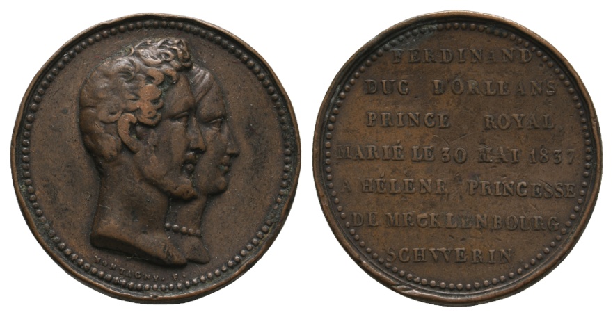 Medaille 1837; Hochzeit von F. d'Orléans und H.Mecklenburg-Schwerin; Bronze; 7,48 g; Ø 25,58 mm   