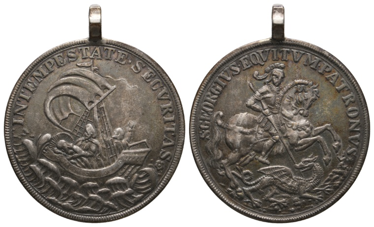  Medaille; Georgstaler; versilb. Messing; gehenkelt; 24,87 g; Ø 44,72 mm   