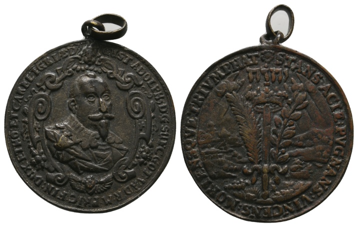  Medaille; auf den Tod v. Gustav II. Adolf.; Bronze; gehenkelt; 16,57 g; Ø 37,89 mm   