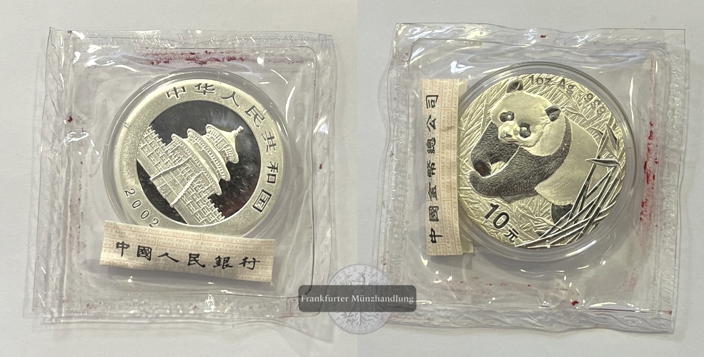 China  10 Yuan 2002 Panda Mit Kontrollzettel FM-Frankfurt KM#1365 Feinsilber: 31g   
