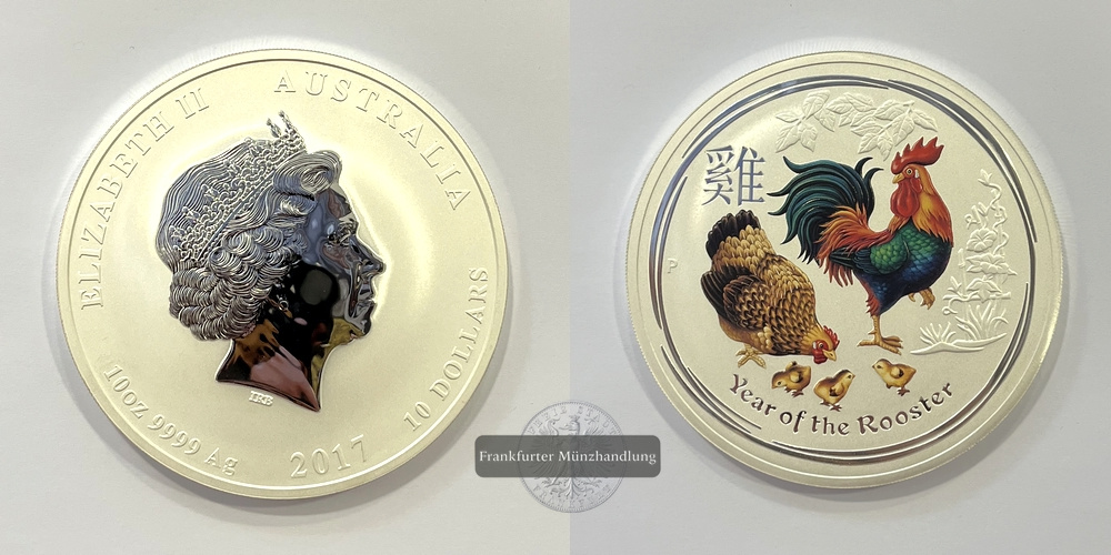  Australien 10 Dollars 2017 Year of the Rooster Coloured FM-Frankfurt Feinsilber: 311g   