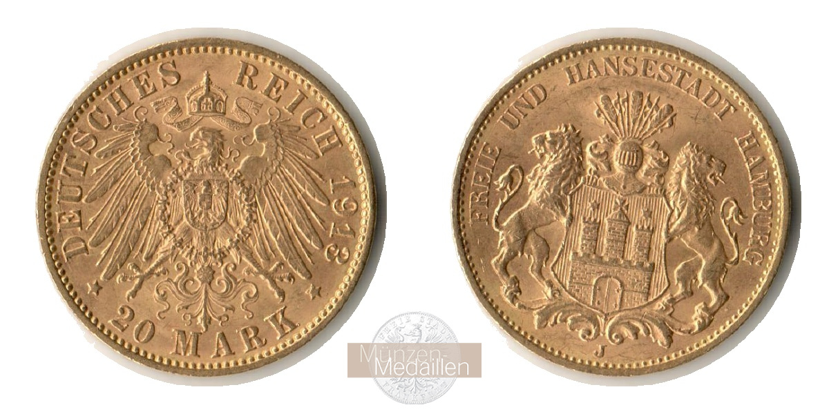 Hamburg, Freie und Hansestadt MM-Frankfurt KM#618 Feingold: 7,17g 20 Mark 1913 J 