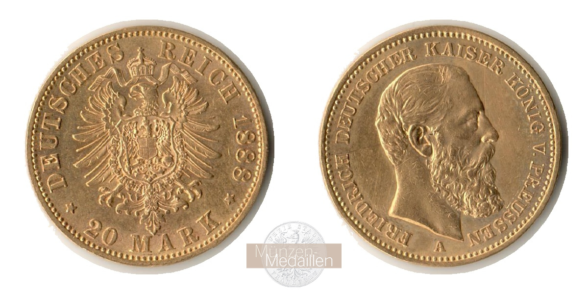 Dt. Kaiserreich Preussen, Friedrich III MM-Frankfurt KM#515 Feingold: 7,17g 20 Mark 1888 A 