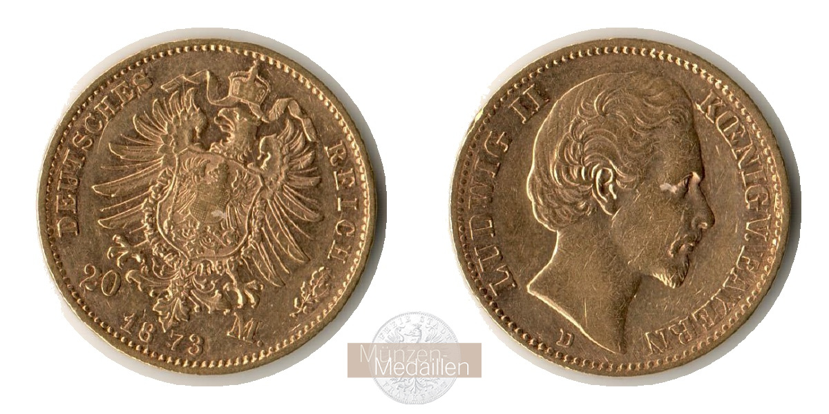 Dt. Kaiserreich, Bayern Ludwig II. MM-Frankfurt KM#894 Feingold: 7,17g 20 Mark 1873 D 