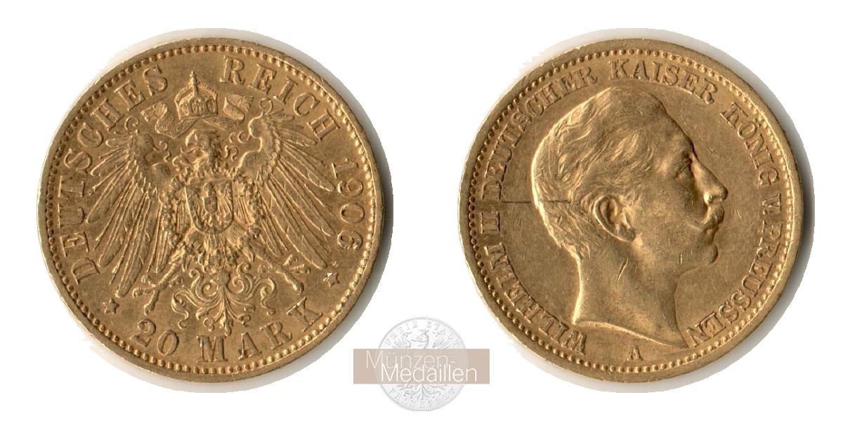 Preussen, Kaiserreich  20 Mark MM-Frankfurt Feingold: 7,17g Wilhelm II. (1891-1918) 1906 A 