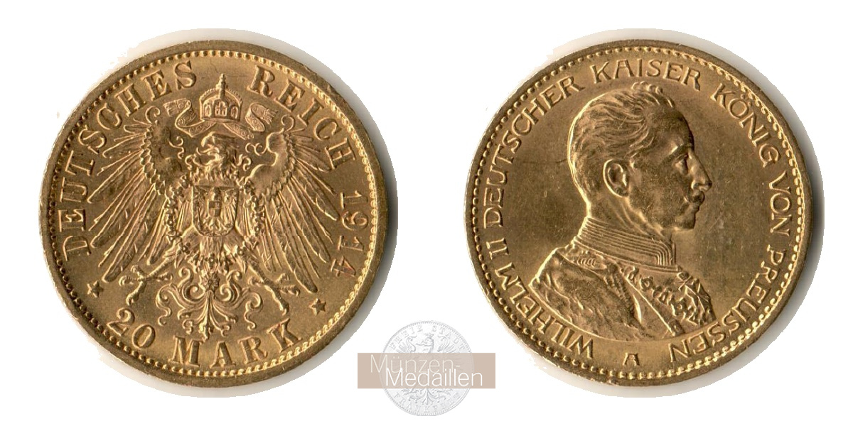 Preussen Kaiserreich, Wilhelm II Uniform MM-Frankfurt KM#537 Feingold: 7,17g 20 Mark (1913-1915) 1914 A 