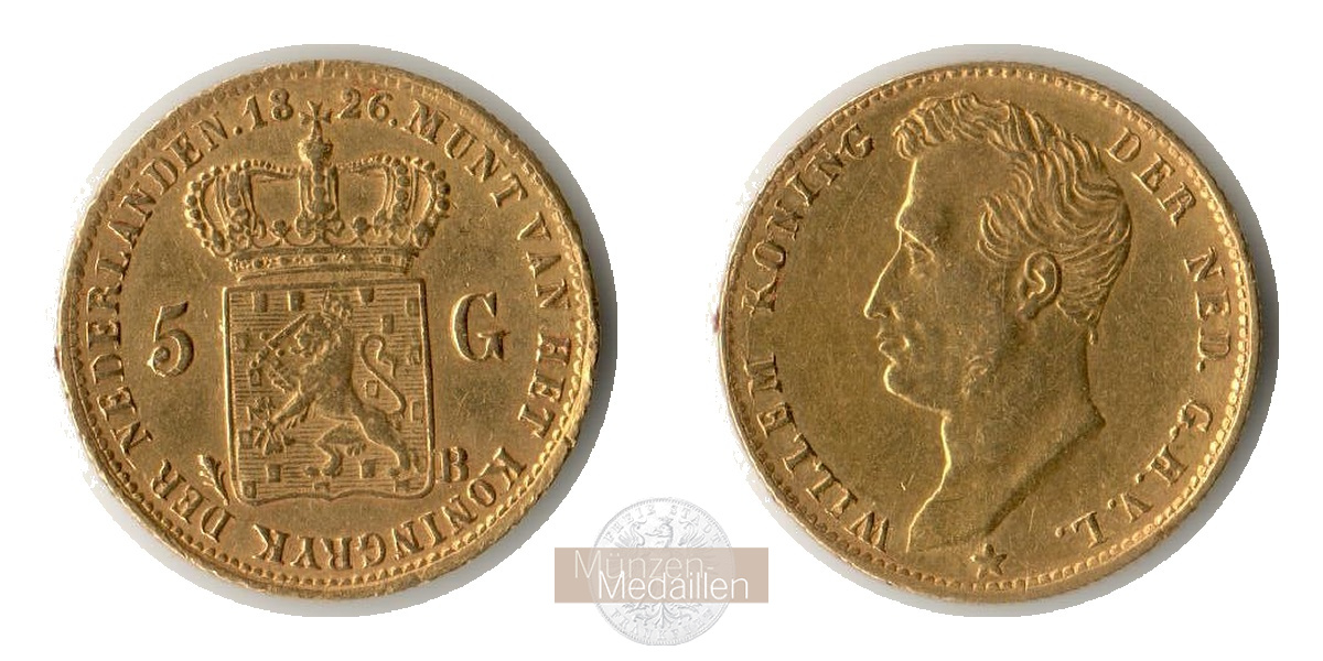 Niederlande, Wilhelm I. MM-Frankfurt  Feingold: 3,03g 5 Gulden 1826 