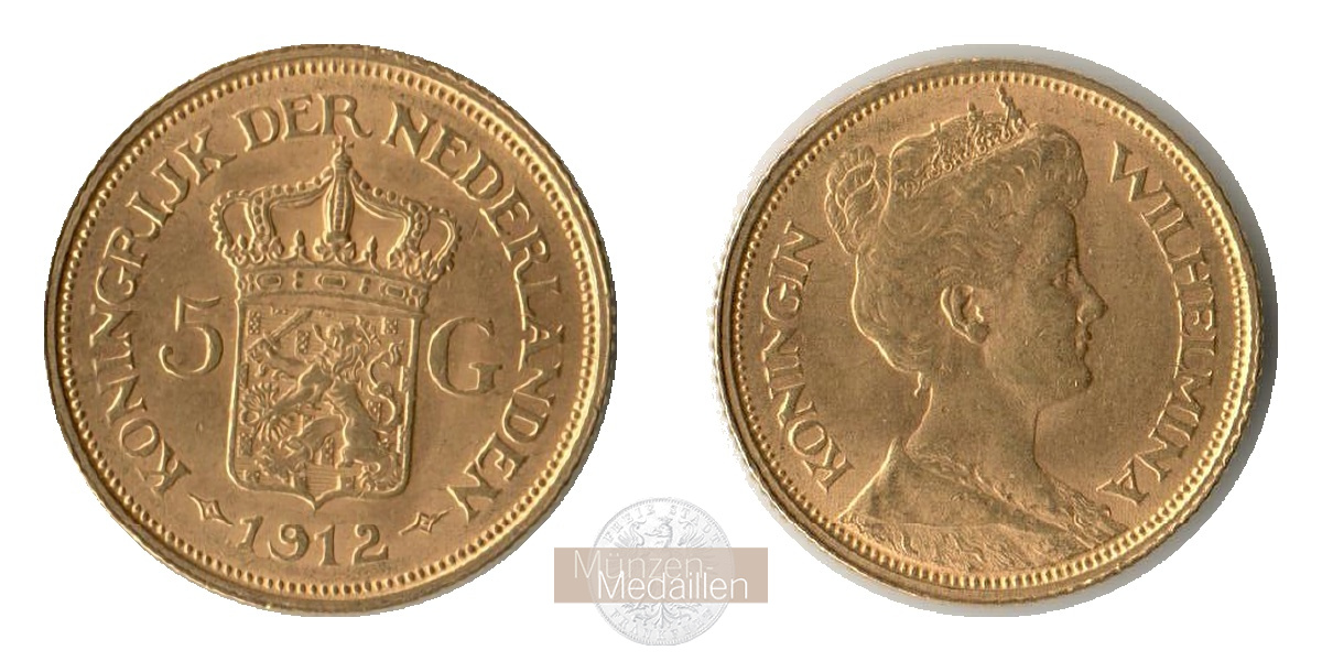 Niederlande, Wilhelmina MM-Frankfurt KM#151 Feingold: 3,02g 5 Gulden 1912 
