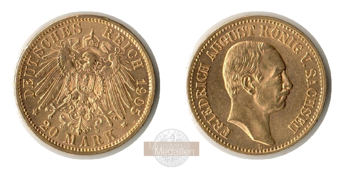Deutsches Kaiserreich. Sachsen, MM-Frankfurt Feingold: 7,17g Friedrich August III. 20 Mark 1905 E 