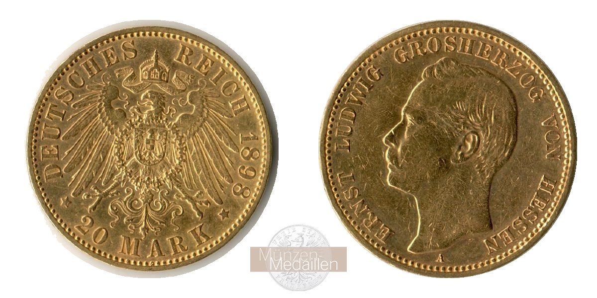 Dt. Kaiserreich Hessen,Ernst Ludwig. MM-Frankfurt Feingold: 7,17g 20 Mark 1898 A 