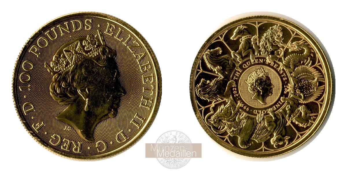 Grossbritannien, Elisabeth II. 1952-2022 MM-Frankfurt Feingold: 31,1g 100 Pounds Queen's Beasts 2021 Completer 