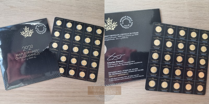 Kanada 50 Cents MM-Frankfurt  Feingold: 25g 25x1g Maplegram25 
