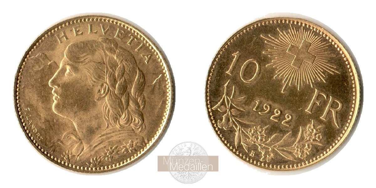  Schweiz 10 Francs 1916 (1911-1922) B Helvetia MM-Frankfurt KM#36 Feingold: 2,9g   